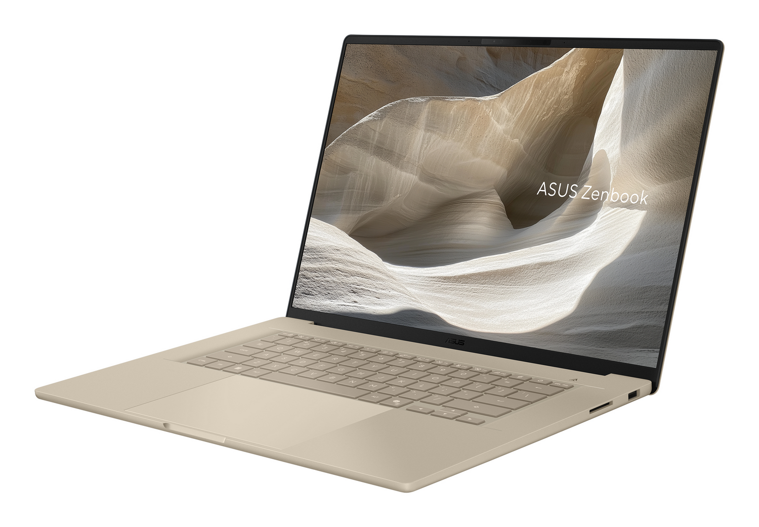 Un portátil ASUS Zenbook dorado claro con pantalla y teclado abiertos.