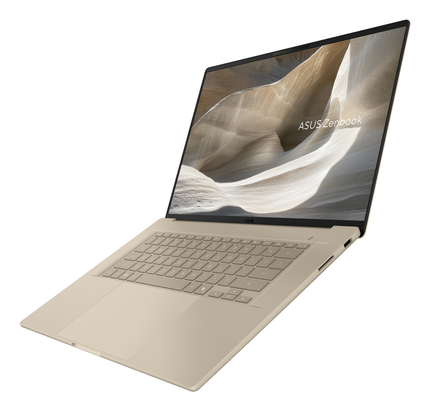 Un portátil beige está inclinado, mostrando su teclado y pantalla con una imagen abstracta clara y ondulada y el texto 'ASUS Zenbook'.