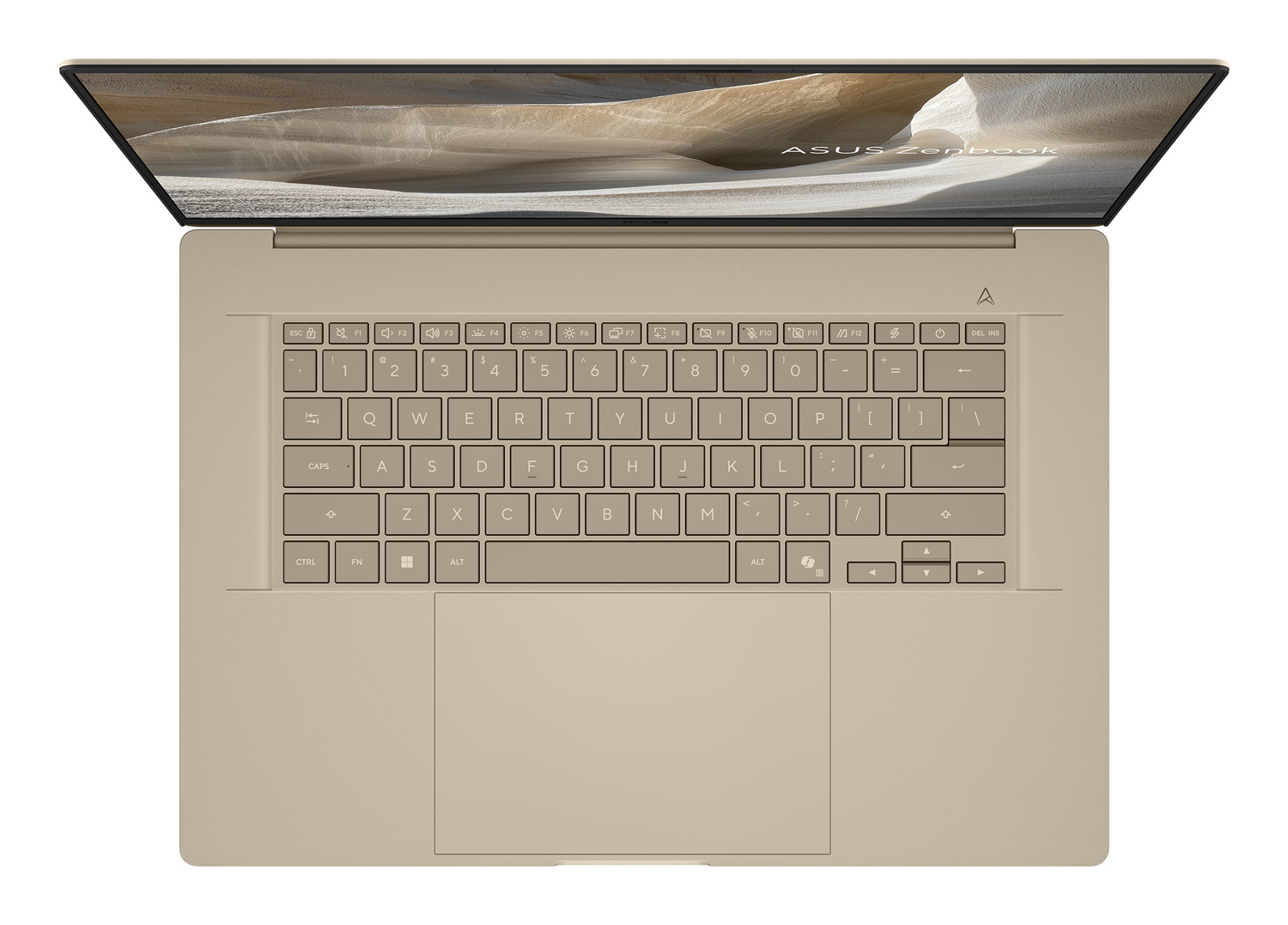 Una vista aérea de un portátil ASUS Zenbook abierto en color oro champán, mostrando un fondo similar a la arena en su pantalla.
