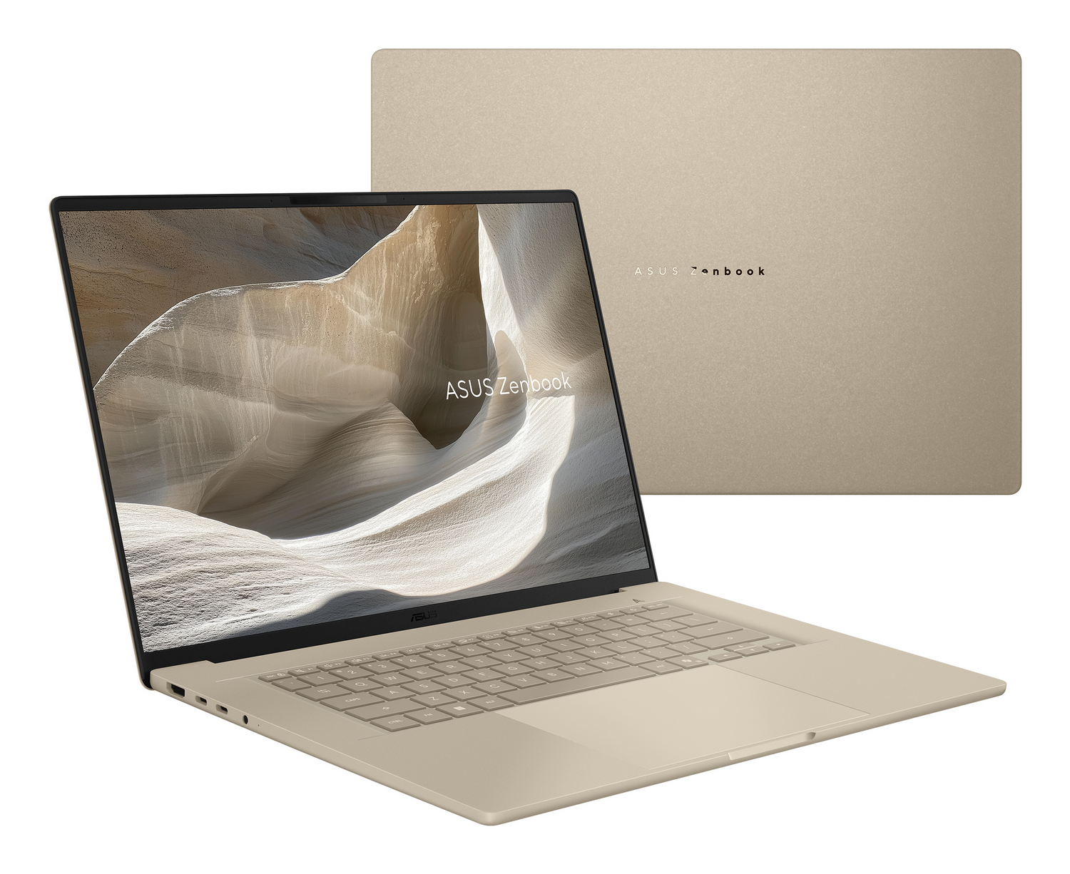 Un portátil ASUS Zenbook beige, abierto en ángulo, con una tapa de portátil cerrada a juego detrás, todo sobre un fondo blanco.