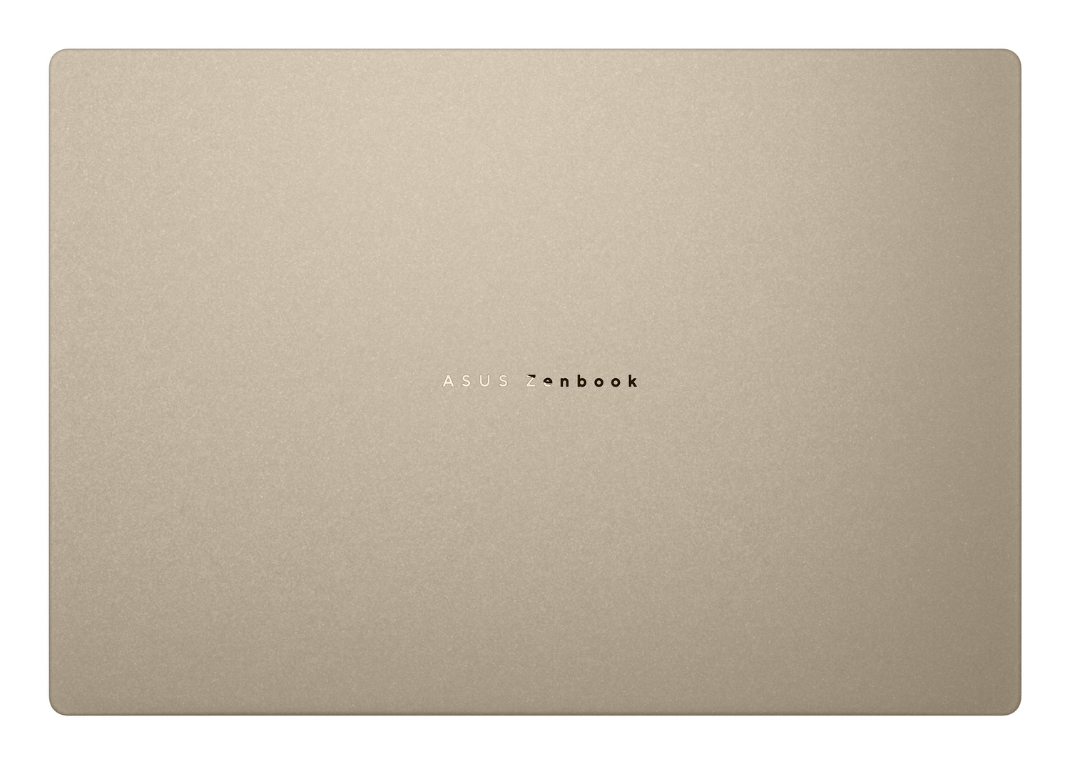 Una tapa de portátil beige con un sutil brillo metálico, con el logotipo "ASUS Zenbook" centrado en texto oscuro.