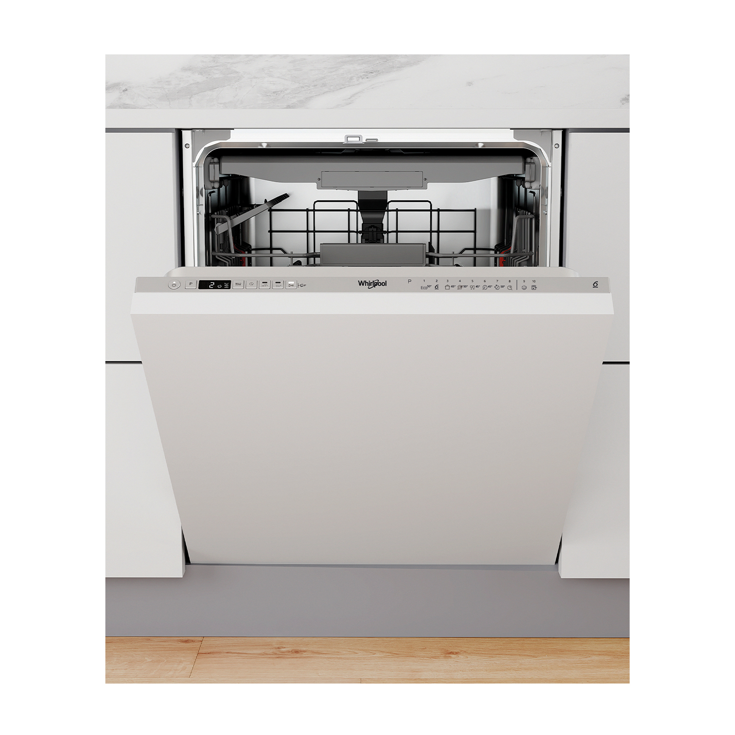 Una lavastoviglie Whirlpool bianca con lo sportello parzialmente aperto, che rivela le griglie interne e i controlli, in una cucina moderna.