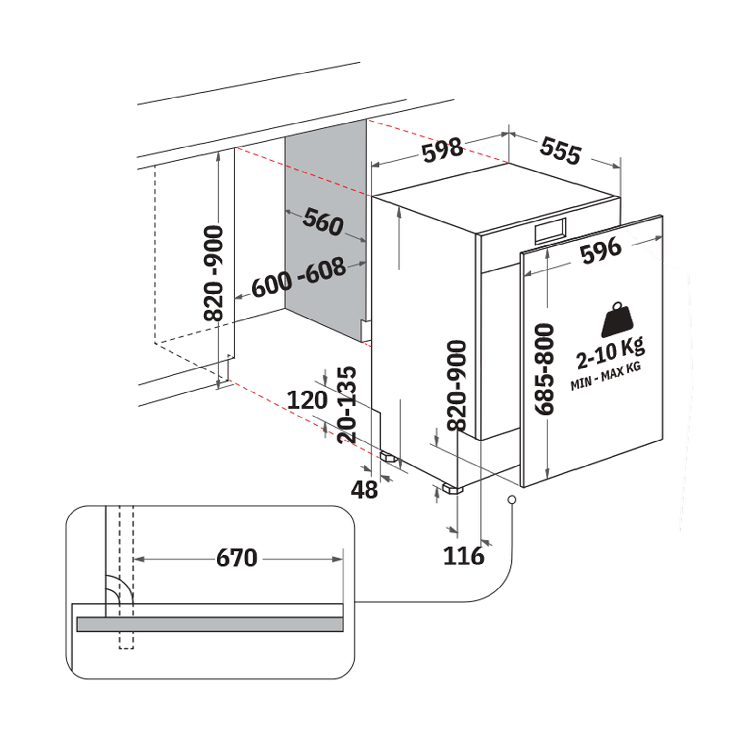Un disegno tecnico mostra le dimensioni di una lavastoviglie, indicando le misure di altezza, larghezza e profondità per l'installazione.