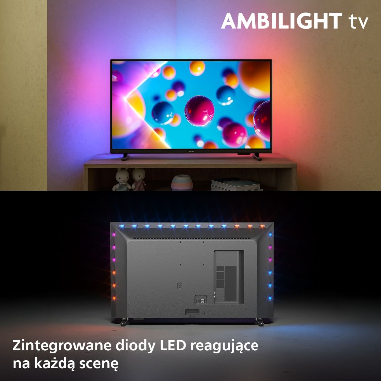 Telewizor Ambilight pokazany z przodu i z tyłu, z kolorowym podświetleniem.