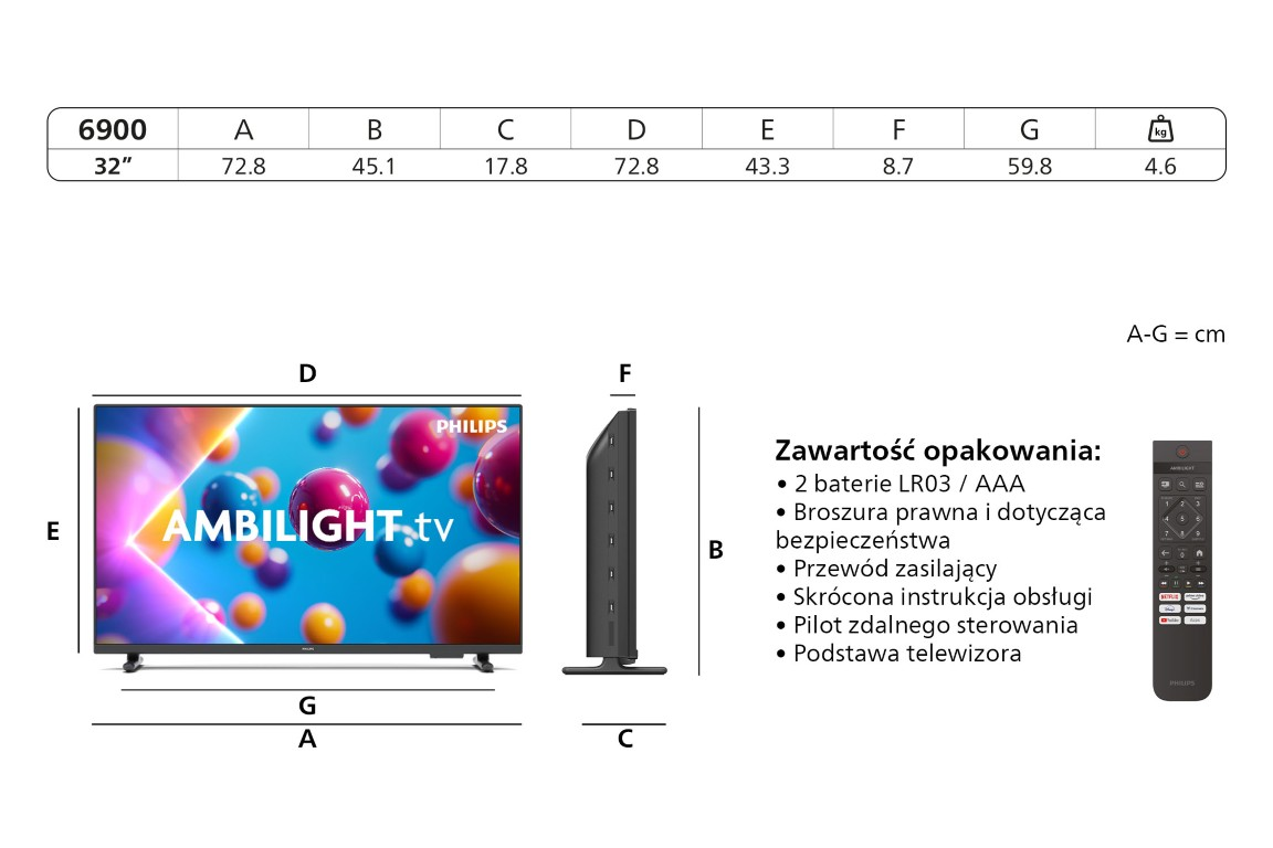 Dane techniczne i wymiary telewizora Philips Ambilight z pilotem.