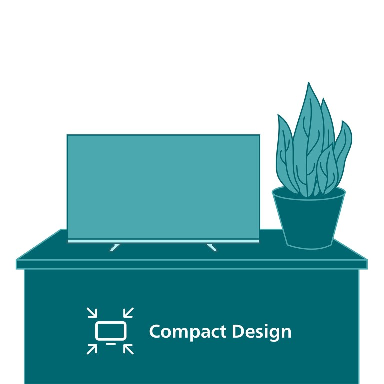 Telewizor i roślina w doniczce na stole. Poniżej napis "Kompaktowy design".