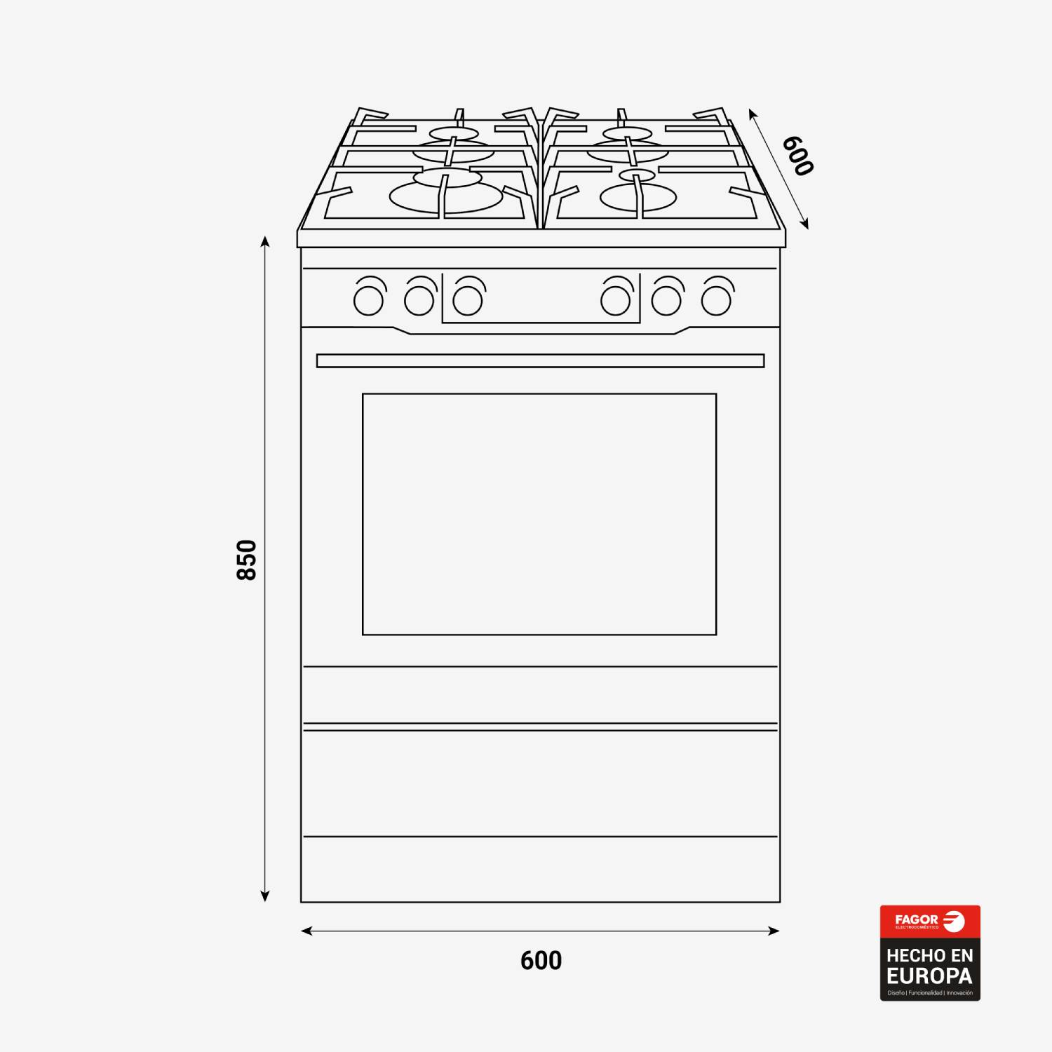 Dibujo técnico de cocina de gas de 600x850 mm.