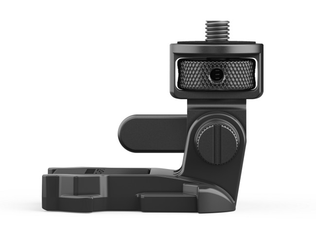 Czarny uchwyt do kamery z obrotowymi pokrętłami i gwintowanym mocowaniem.