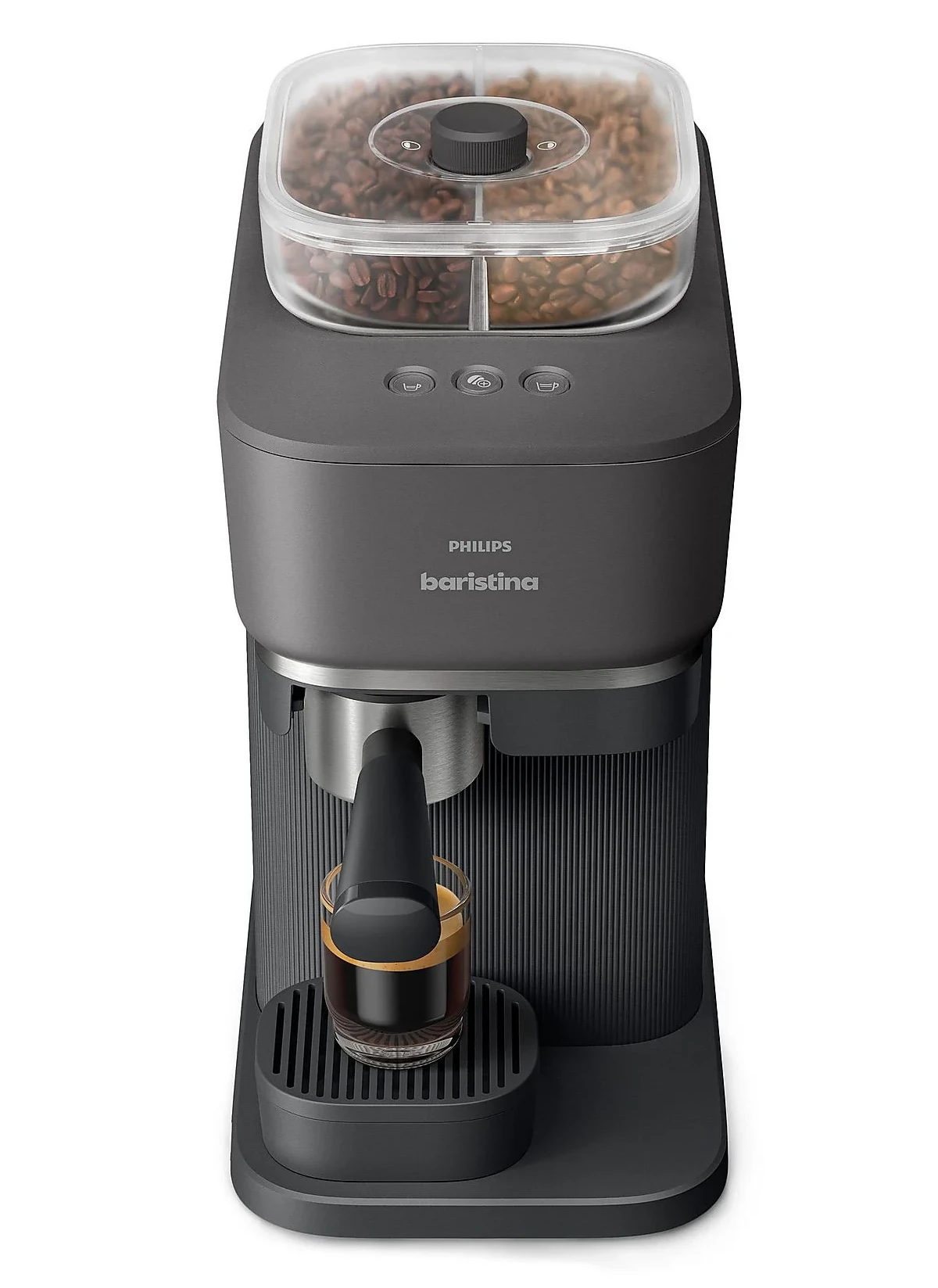 Ciemnoszara ekspres do kawy z zasobnikiem na ziarna, grupą zaparzającą i małą szklanką espresso.