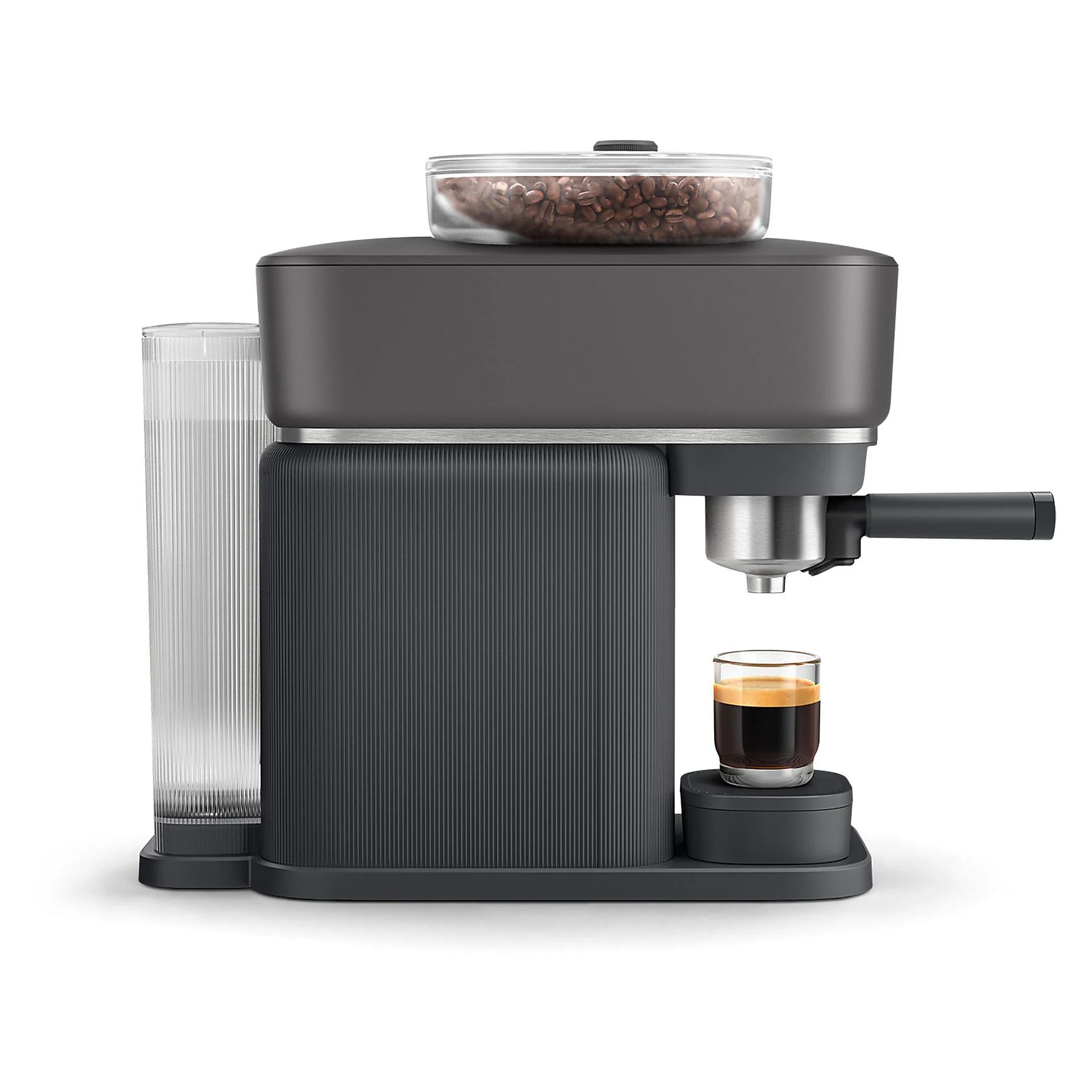 Ciemny ekspres do kawy ze zbiornikiem na ziarna, zbiornikiem na wodę i espresso.