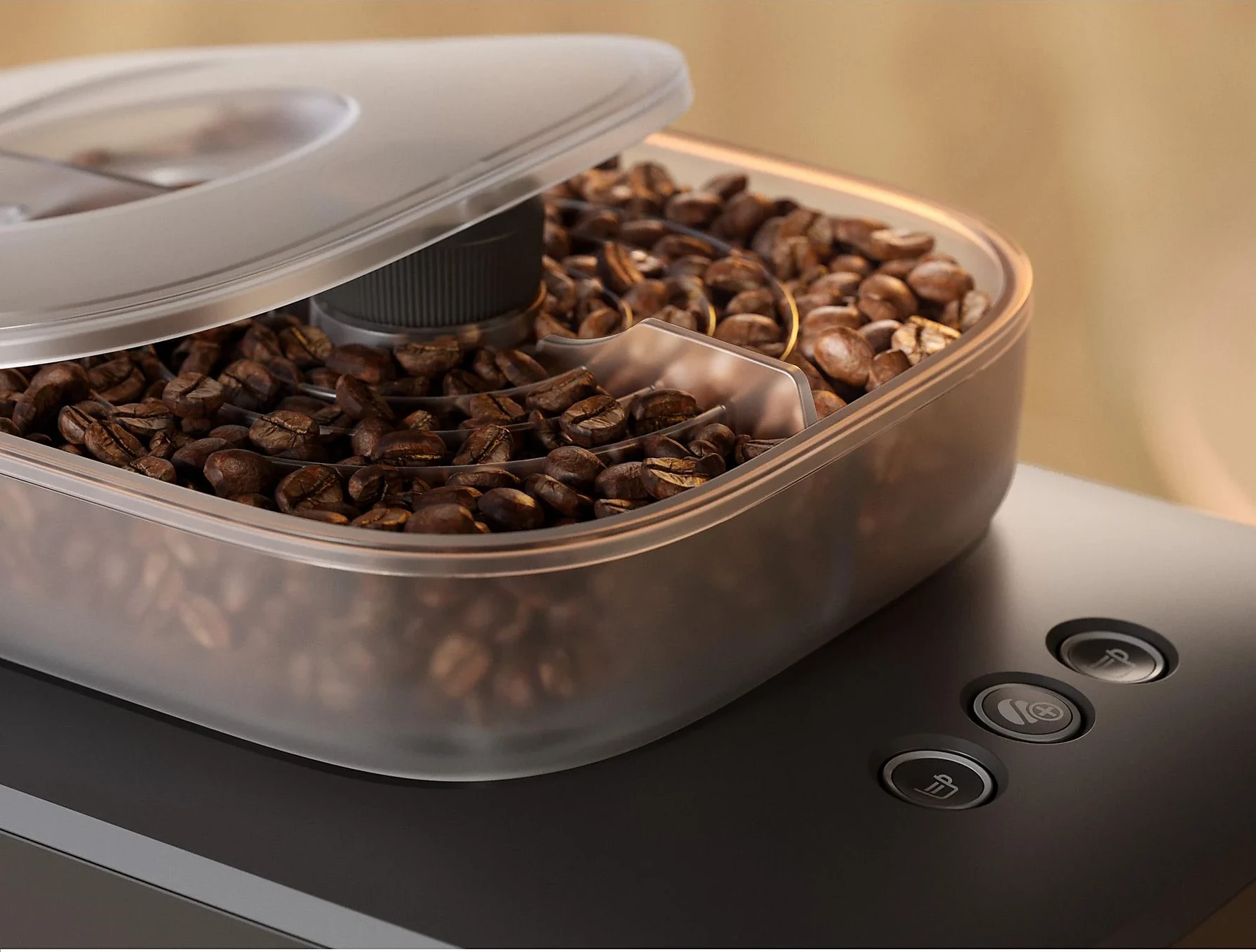 Ziarna kawy w przezroczystym pojemniku z pokrywką i przyciskami.