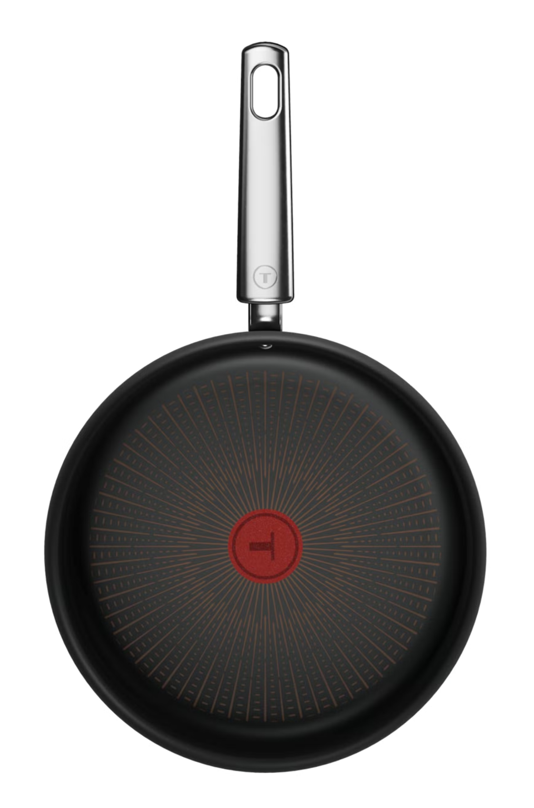 Czarna patelnia z srebrną rączką i czerwonym termopunktem.