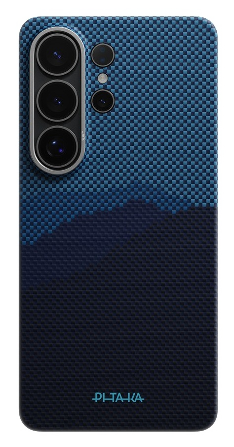 Niebieskie etui na telefon w kratkę z obiektywami aparatu.