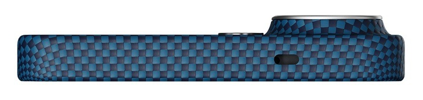 Niebieski korpus aparatu w kratkę ze srebrnym pierścieniem na górze.