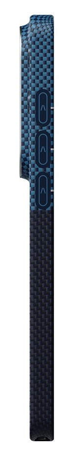 Niebieski telefon w kratkę ze srebrnymi przyciskami w profilu.