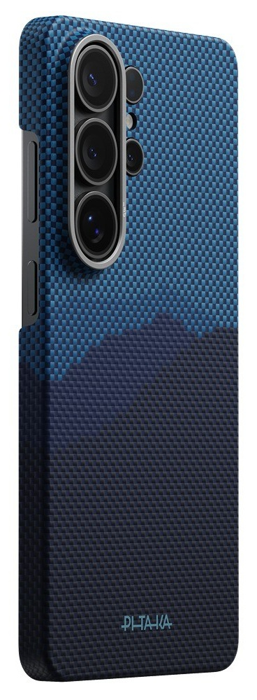 Niebieskie etui na telefon z wzorem włókna węglowego i modułem kamery.