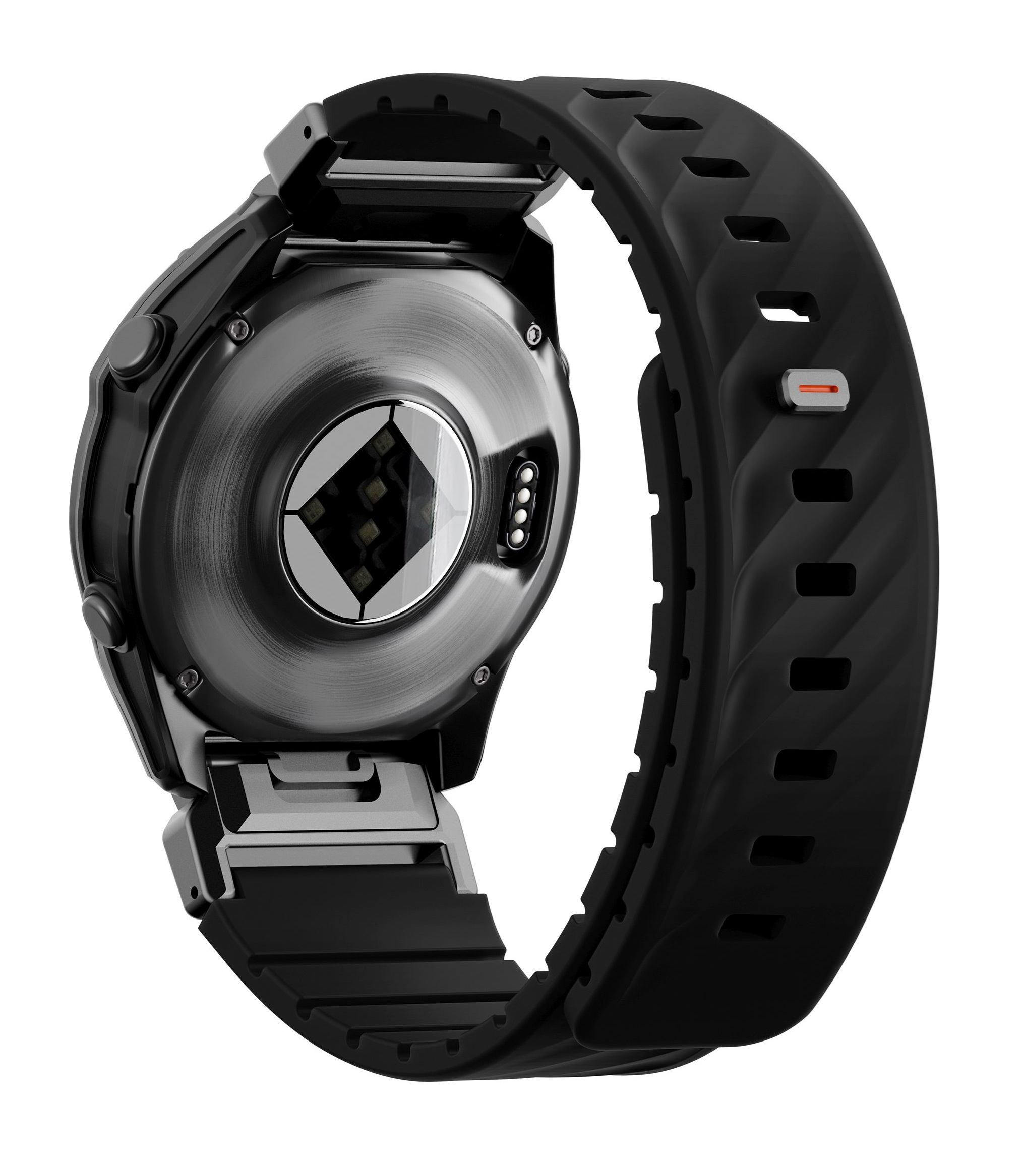 Tył czarnego smartwatcha z stykami ładowania i sensorem tętna.