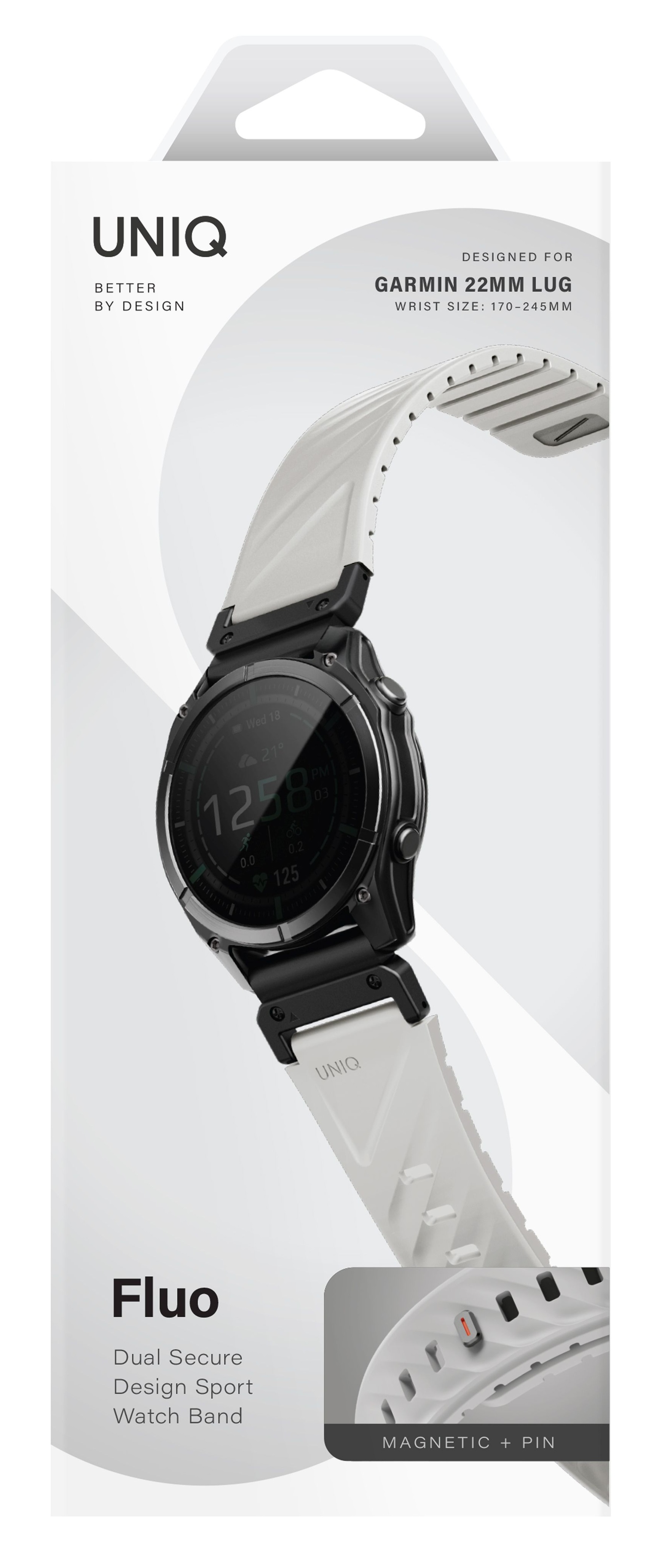 Biała opaska UNIQ Fluo do zegarków Garmin z czarną obudową.