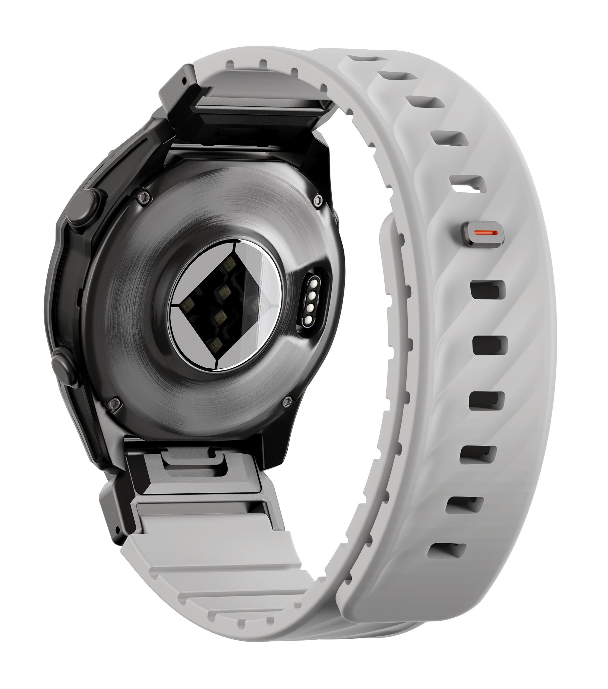 Tył szarego smartwatcha z czarną obudową i stykami ładowania.