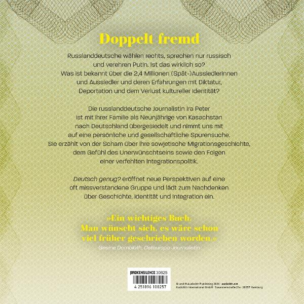 Buchcover mit gelbem Titel 'Doppelt fremd' und Text über russlanddeutsche Erfahrungen.