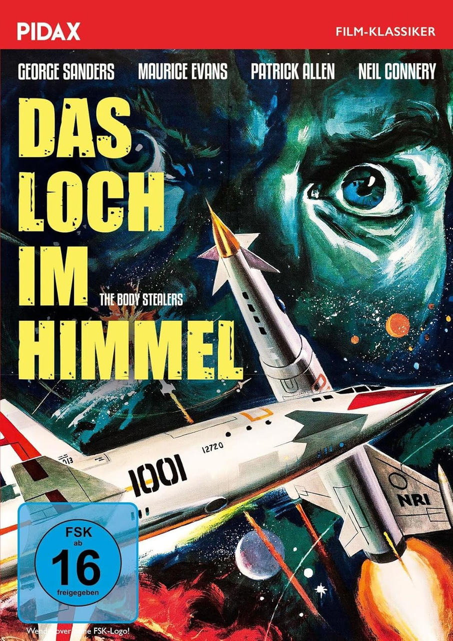 Sci-Fi-Filmplakat: Raumschiff fliegt an riesigem Auge vorbei.