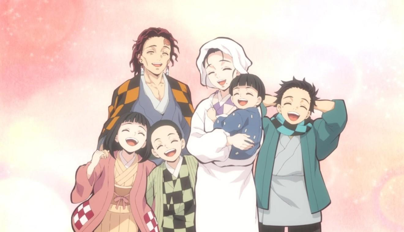 Eine glückliche Anime-Familie posiert vor einem pastellfarbenen Hintergrund.