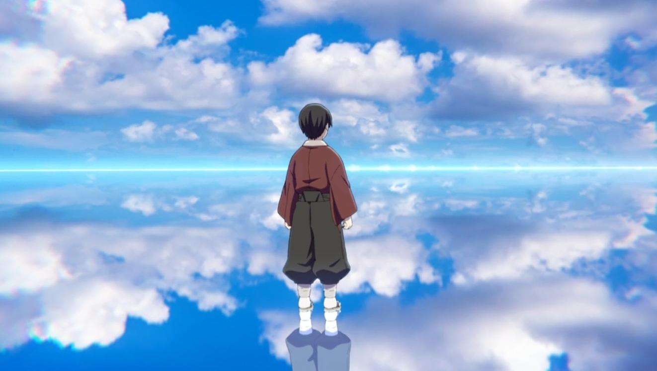 Ein Junge in traditioneller Kleidung steht auf einer Wolke unter einem blauen Himmel mit Wolken.