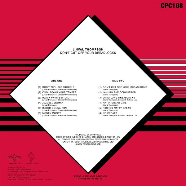 Schallplatten-Cover mit Songtiteln von Linval Thompson, Seite eins und zwei.