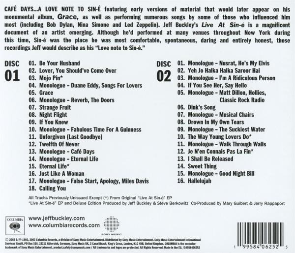 CD-hoes met tracklist van Jeff Buckley's livealbum 'Cafe Days'.