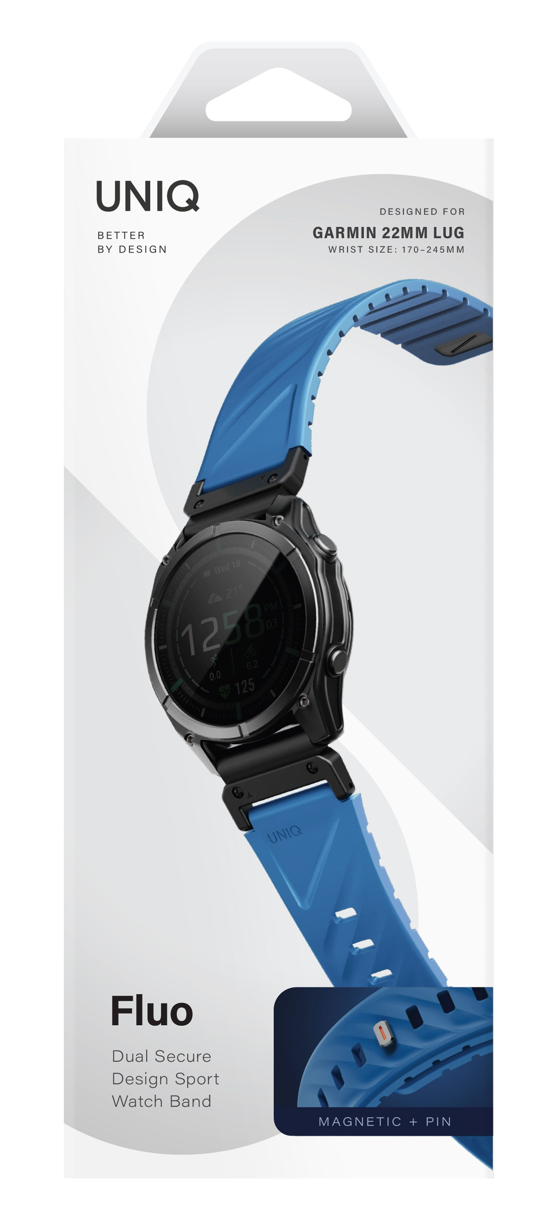 Czarny smartwatch z niebieską opaską, logo UNIQ i szczegółami produktu.