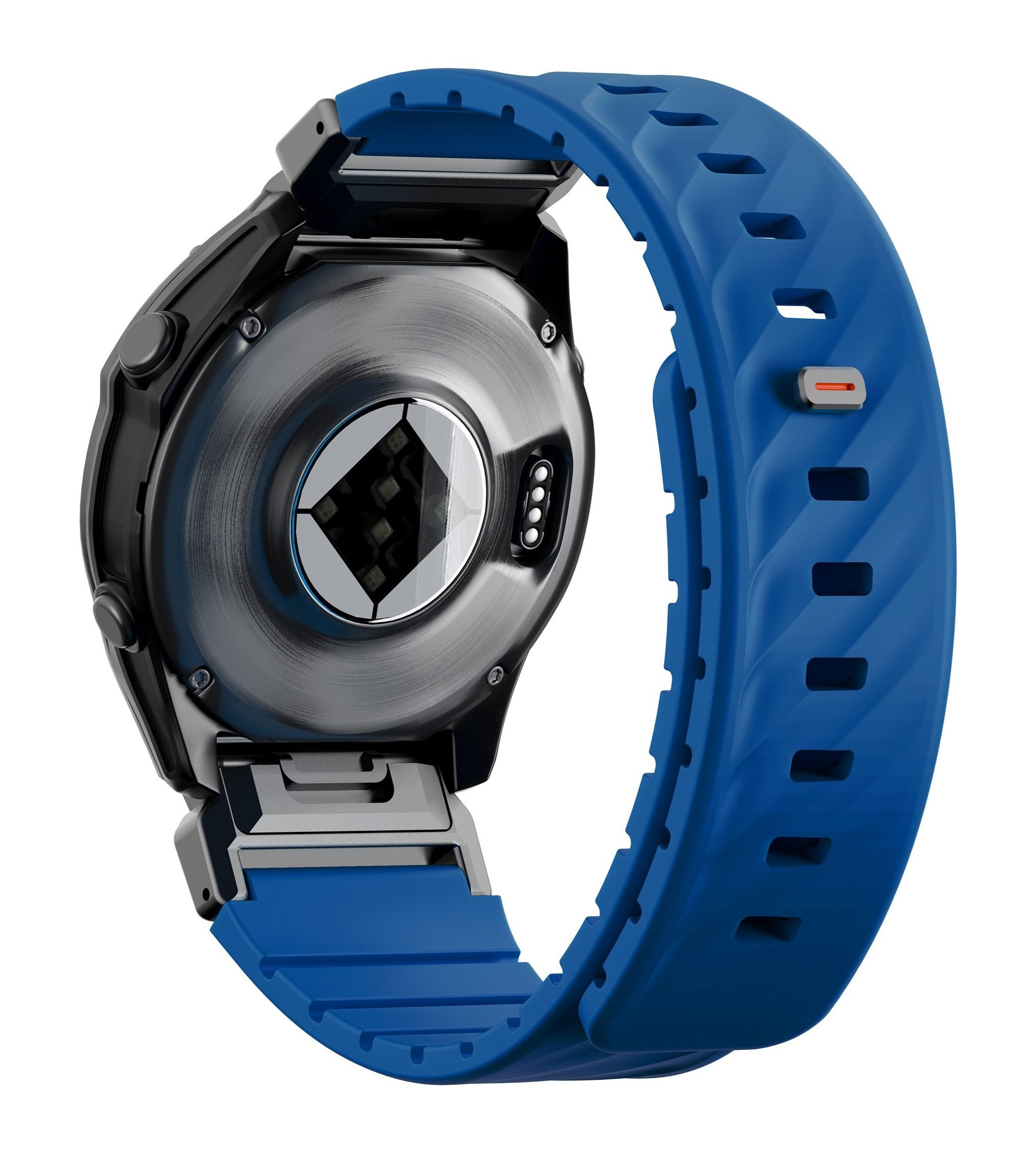 Tył niebieskiego smartwatcha z stykami ładowania i czujnikiem tętna.