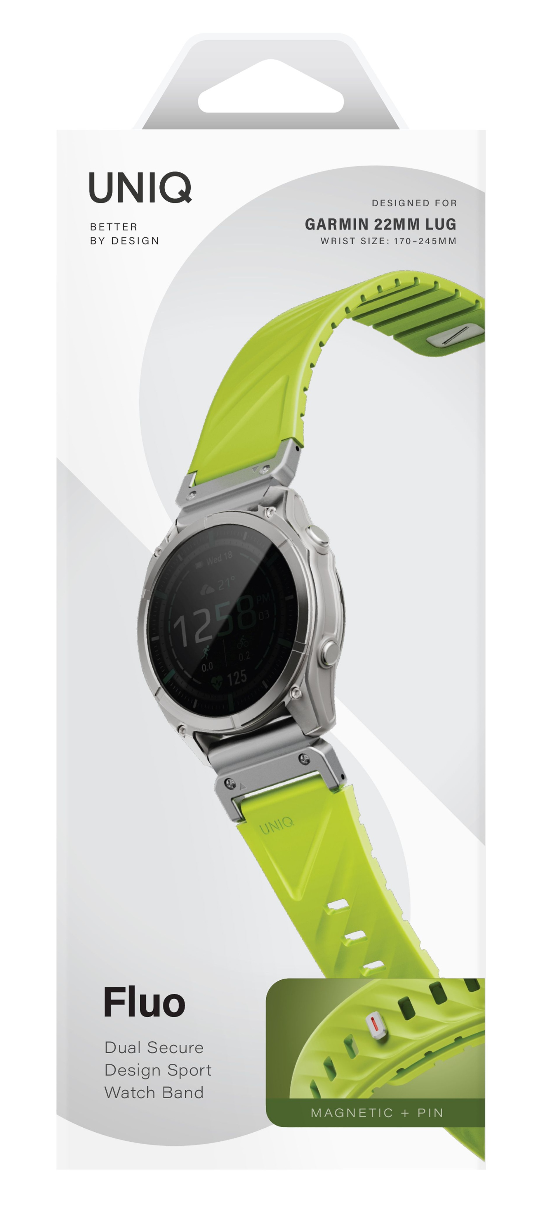 Srebrny smartwatch z jasnozielonym paskiem, logo UNIQ i detalami.