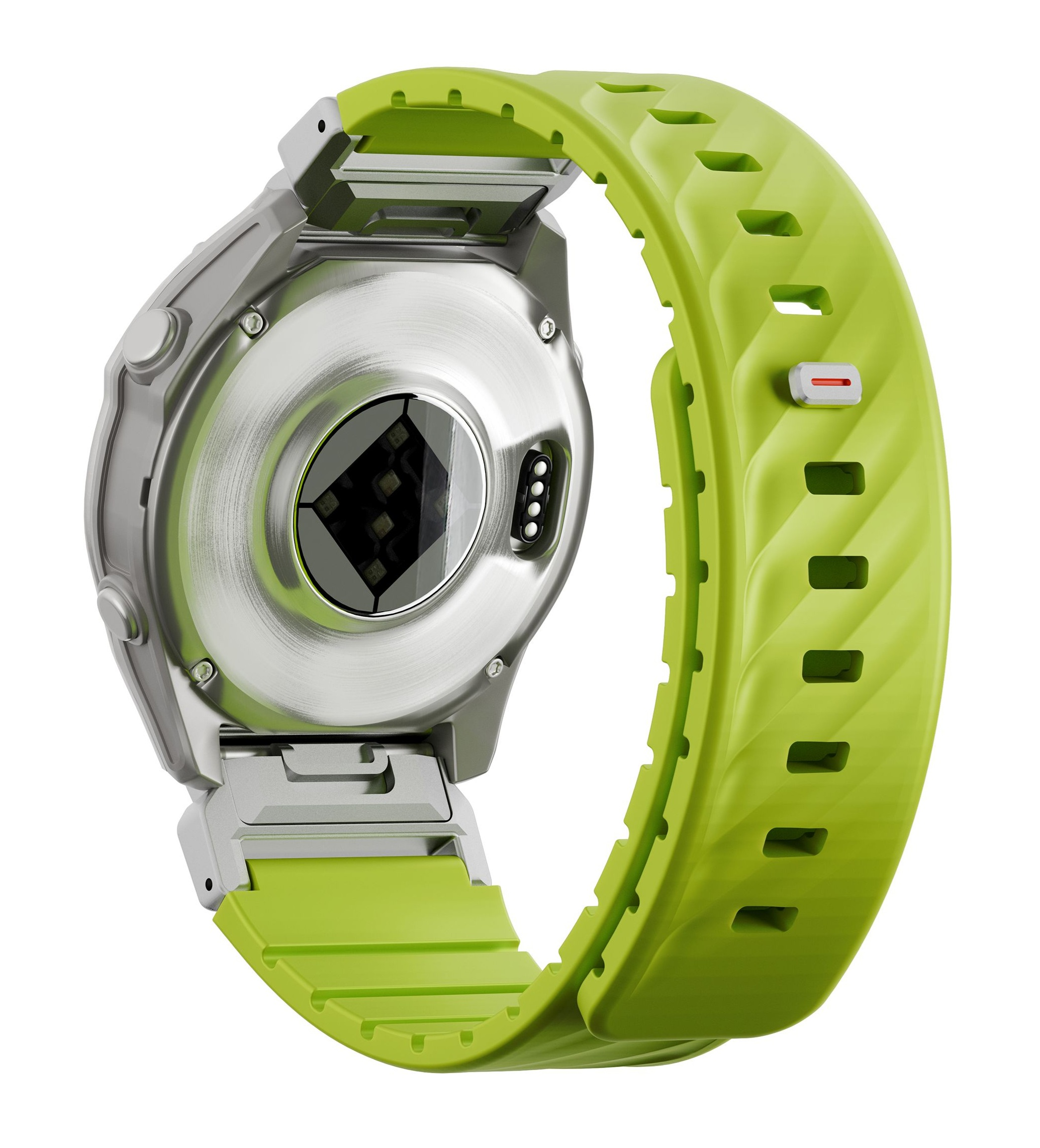 Widok z tyłu smartwatcha z zielonym paskiem, czujnikiem tętna i stykami ładowania.