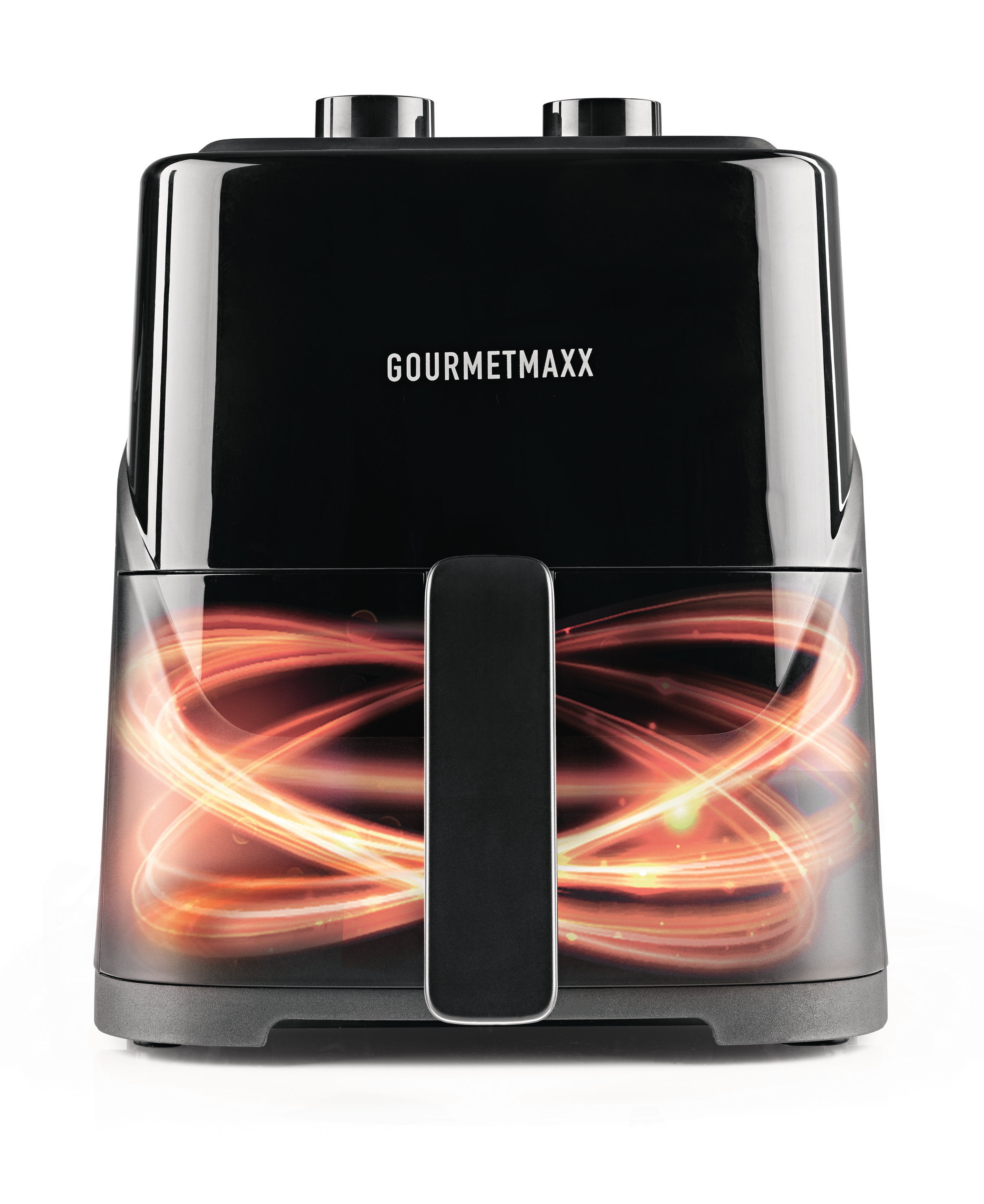 Schwarzer Heißluftfritteusen mit "GOURMETMAXX"-Logo und orangen Wirbeln.