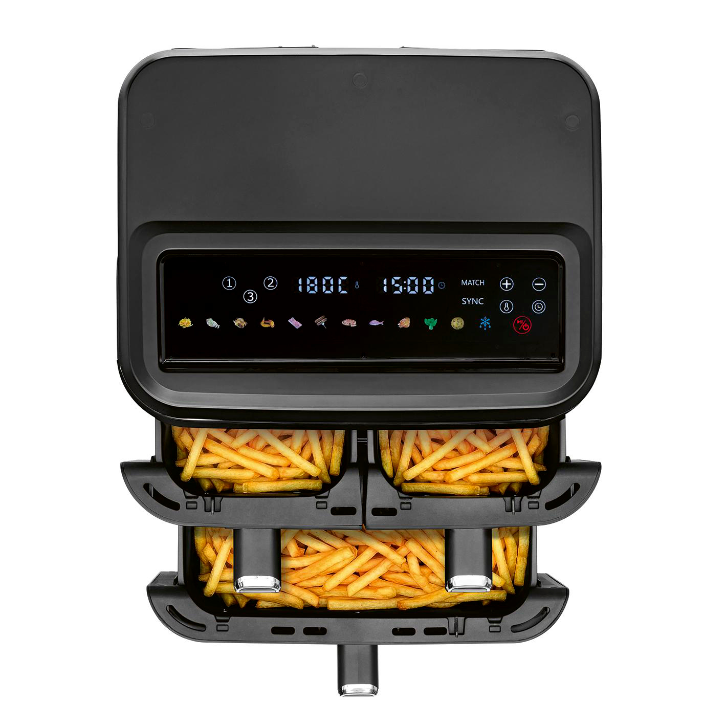 Schwarze Heißluftfritteuse mit zwei Schubladen, gefüllt mit Pommes Frites.