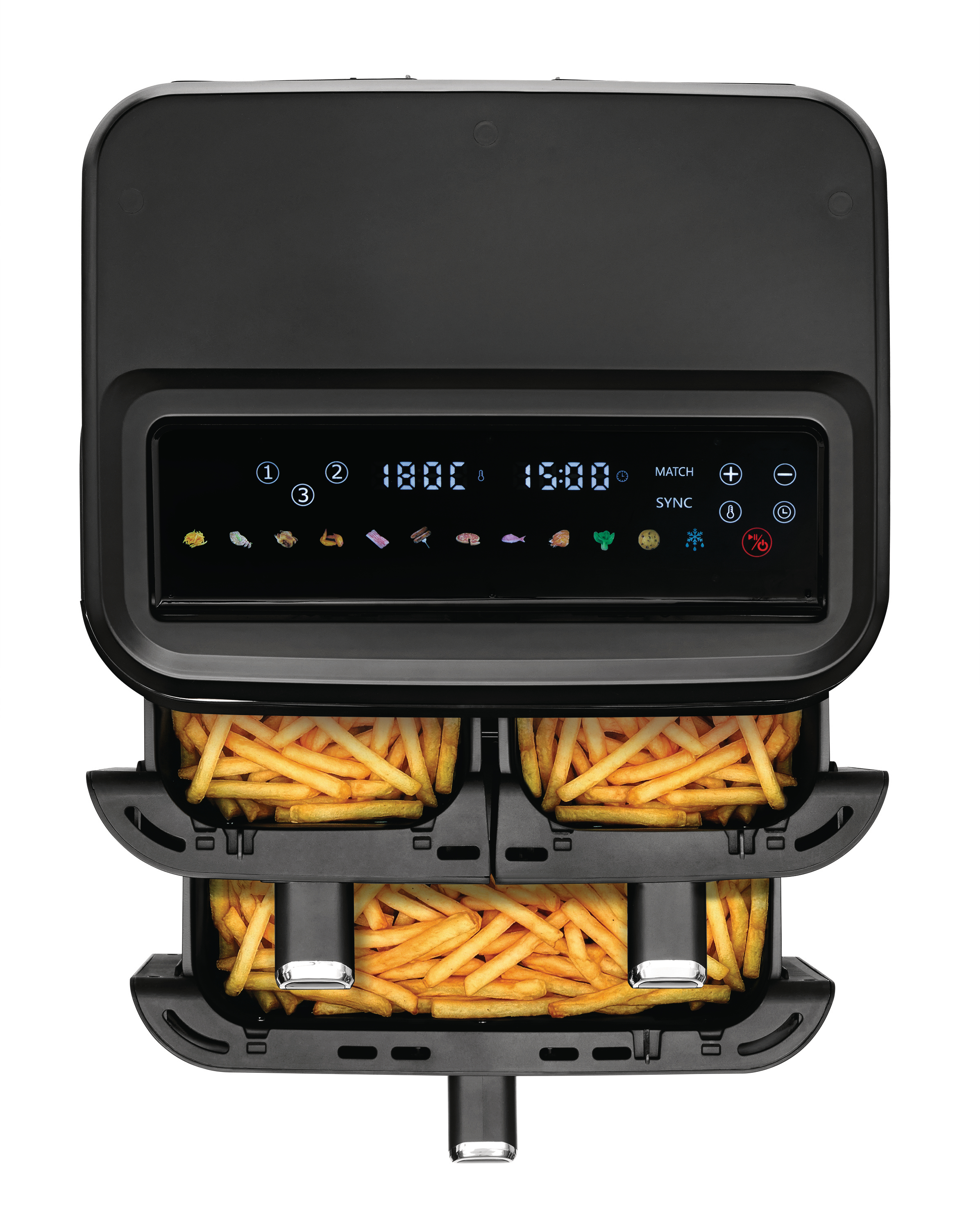 Schwarze Heißluftfritteuse mit zwei Körben, gefüllt mit Pommes Frites.
