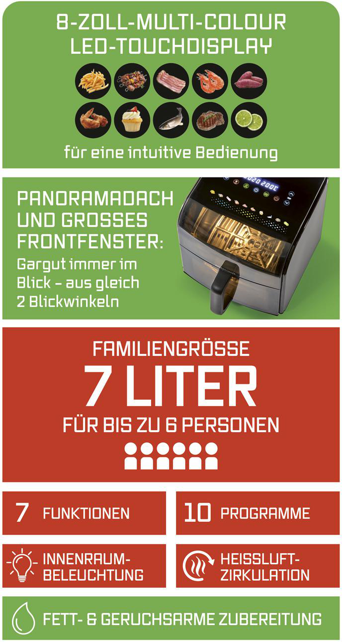 Airfryer mit 8-Zoll-Touchdisplay, Sichtfenster, 7L Kapazität, 7 Funktionen & 10 Programmen.