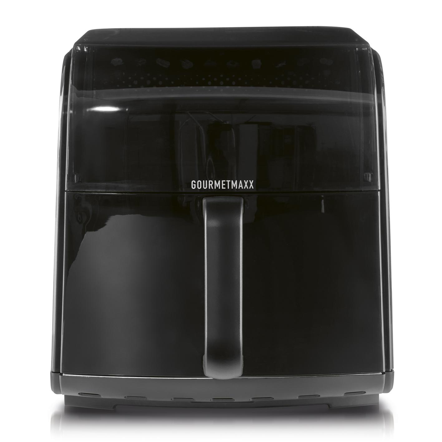 Schwarzer Gourmetmaxx Heißluftfritteuse mit Griff und transparentem Deckel.