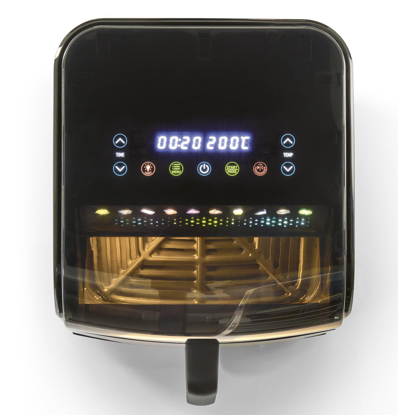 Ein schwarzer digitaler Airfryer mit beleuchtetem Display und sichtbarem Innenraum.