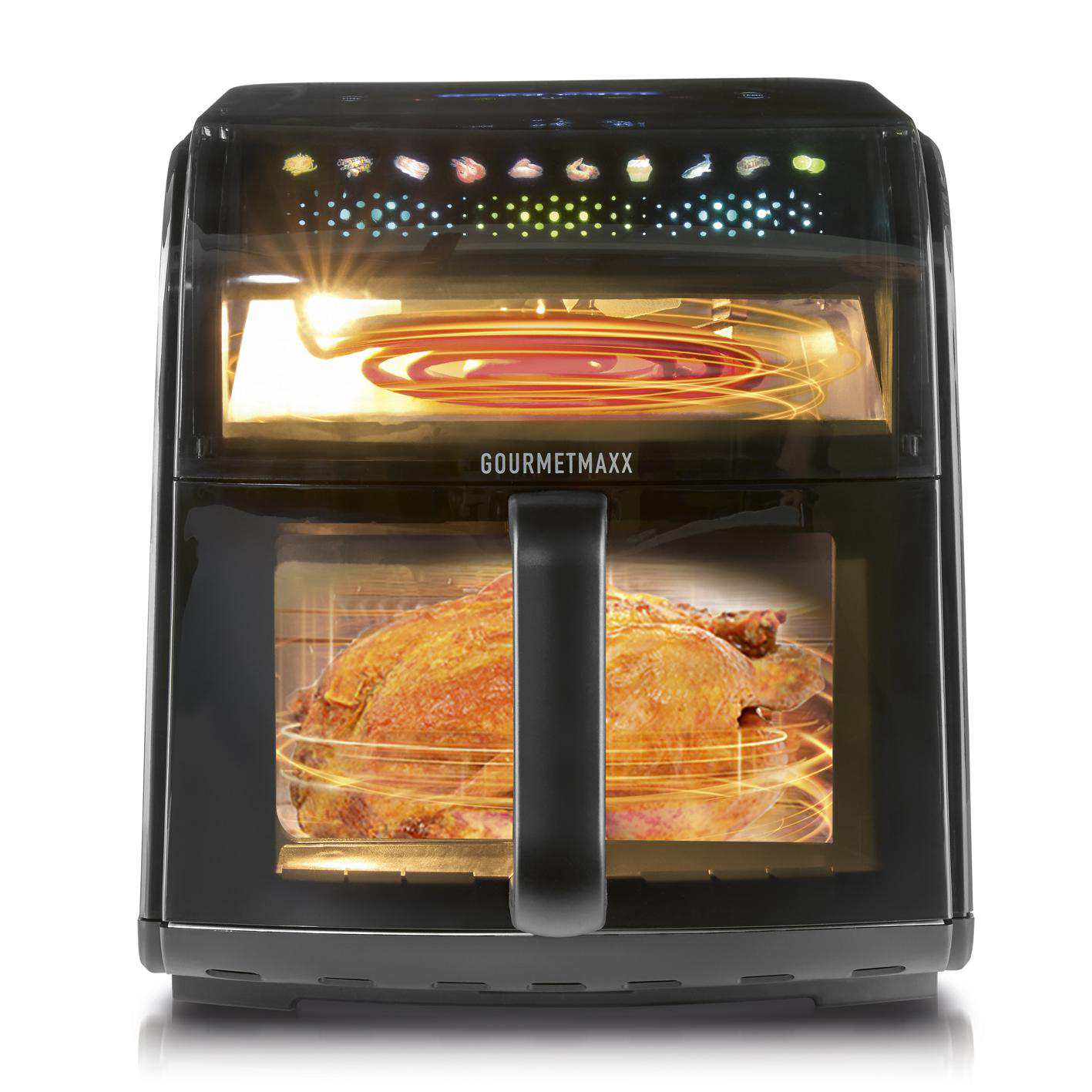 Ein schwarzer Gourmetmaxx Airfryer mit einem gebratenen Huhn im unteren Fach und Heizspiralen im oberen.
