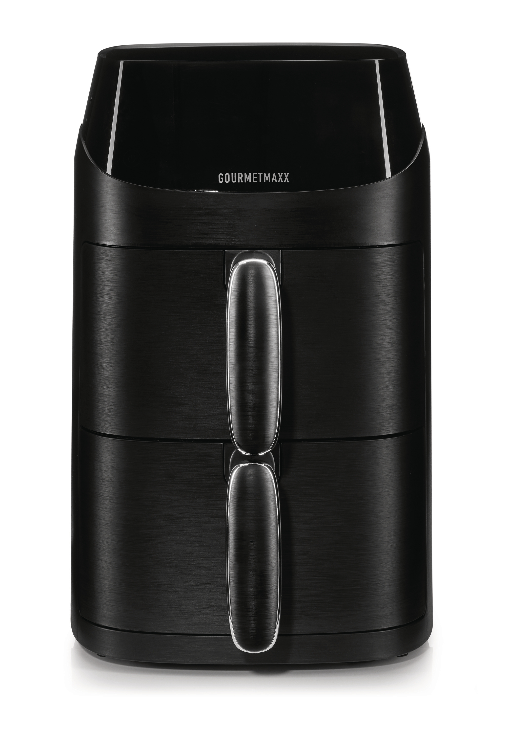 Schwarzer Gourmetmaxx Heißluftfritteuse mit silbernem Griff.