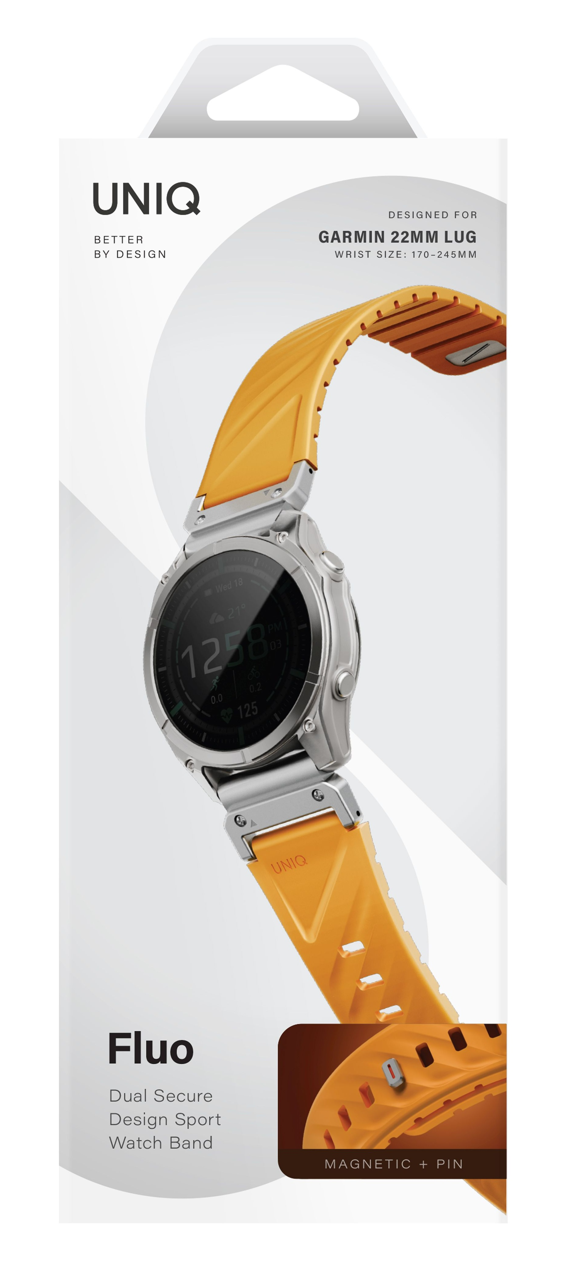 Srebrny smartwatch z żółtą bransoletą i cyfrowym wyświetlaczem. Logo UNIQ i GARMIN na opakowaniu.