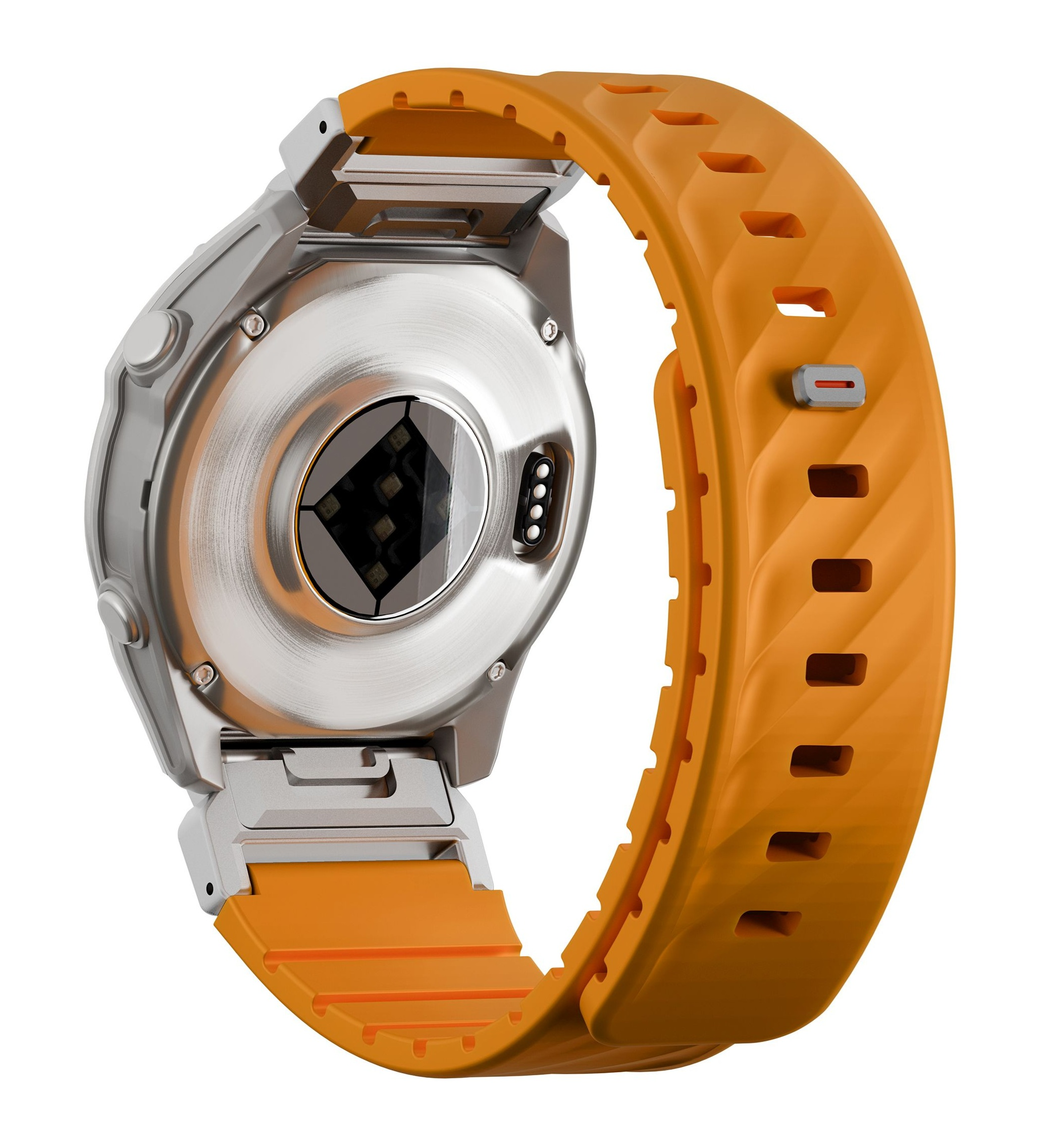 Tył smartwatcha z pomarańczowym paskiem i metalową obudową.