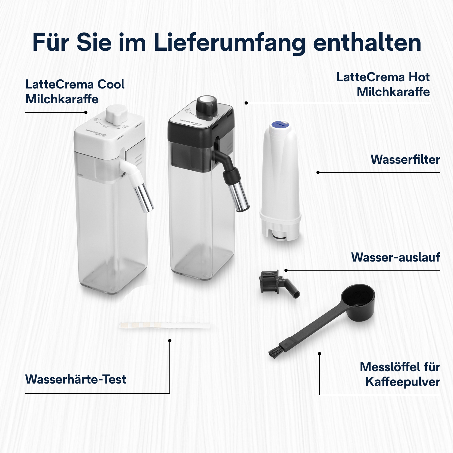 Zwei Milchkaraffen, Wasserfilter, Messlöffel, Auslauf und Teststreifen.
