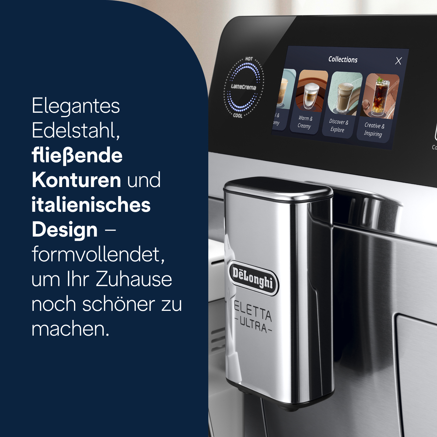 Edelstahl-Kaffeemaschine mit Touchscreen, zeigt verschiedene Kaffeesorten an.