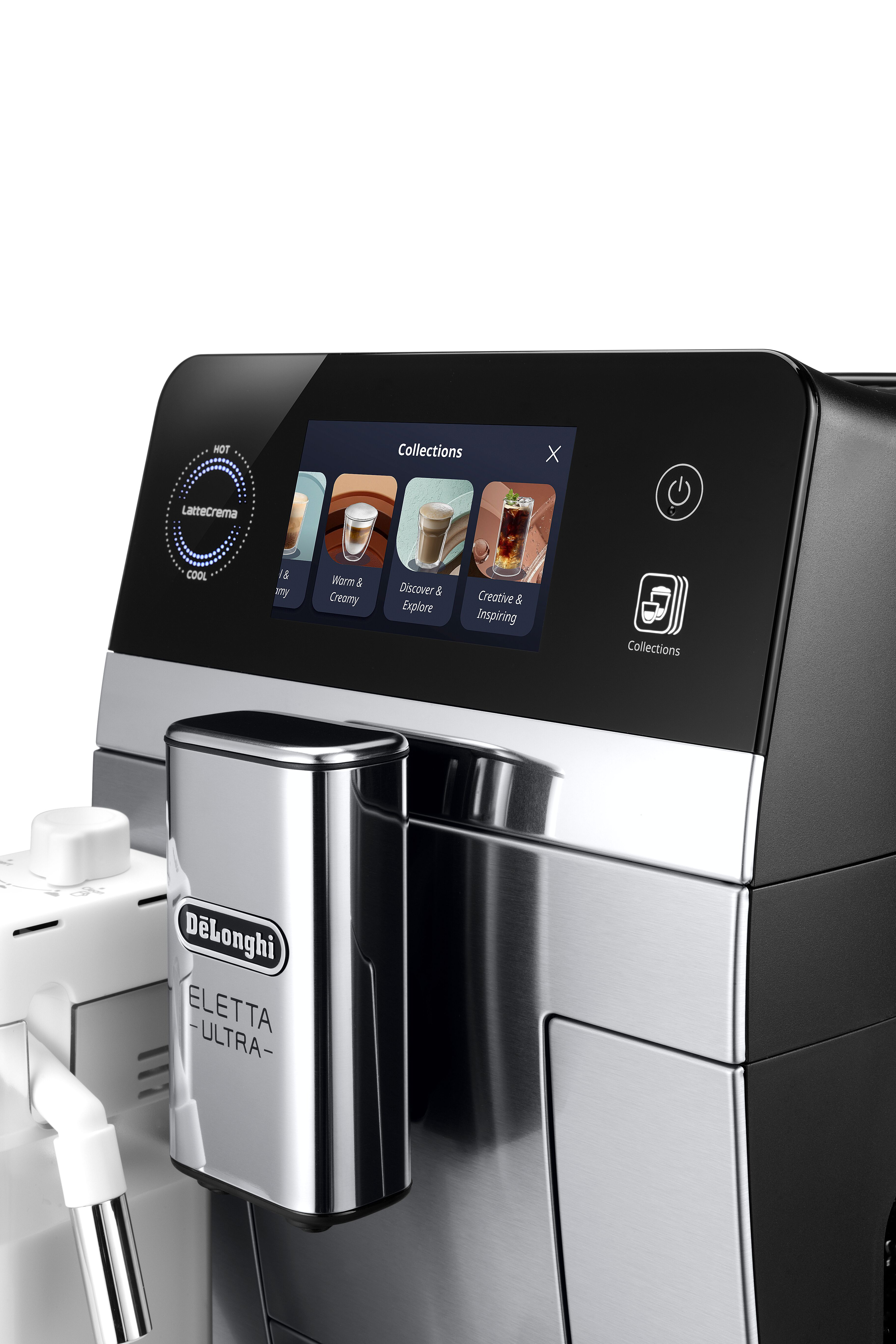 Kaffeemaschine mit Touchscreen, zeigt Kaffeesorten an.