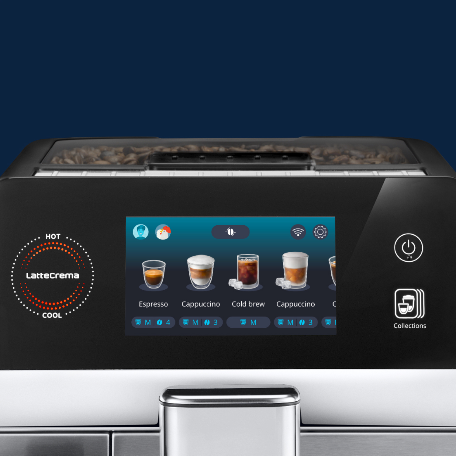 Kaffeemaschine mit Touchscreen-Menü für Espresso, Cappuccino, Cold Brew.