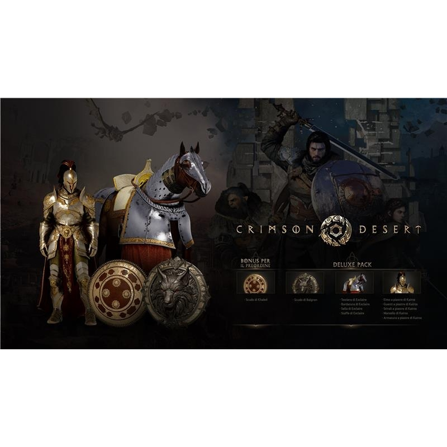 Cavaliere con cavallo, scudi e logo 'Crimson Desert'. Esposizione Deluxe Pack.