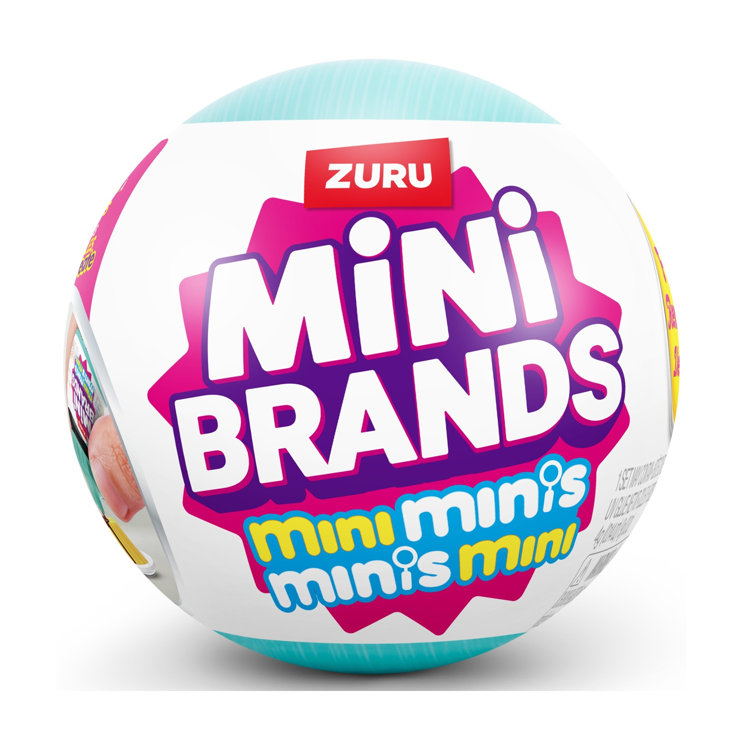 Una palla bianca rotonda con bordo blu, con logo ZURU Mini Brands.