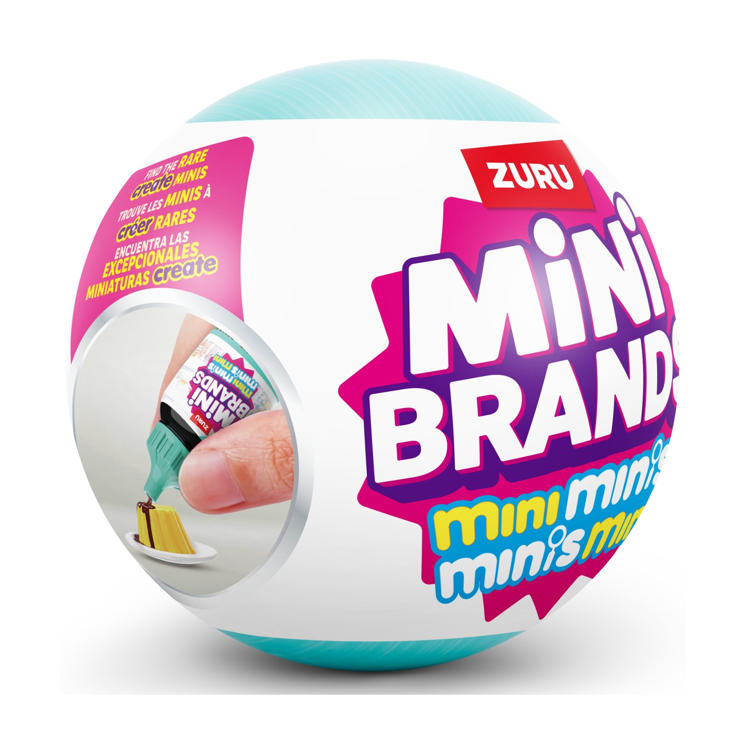 Una sfera con il logo ZURU Mini Brands. L'inserto mostra la creazione di prodotti in miniatura.